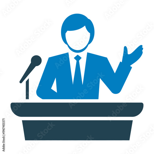 Professional vector of a man in a suit speaking at a podium during a conference
