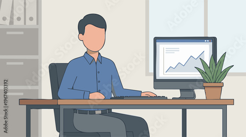 Professional working at desk with computer displaying data chart in office