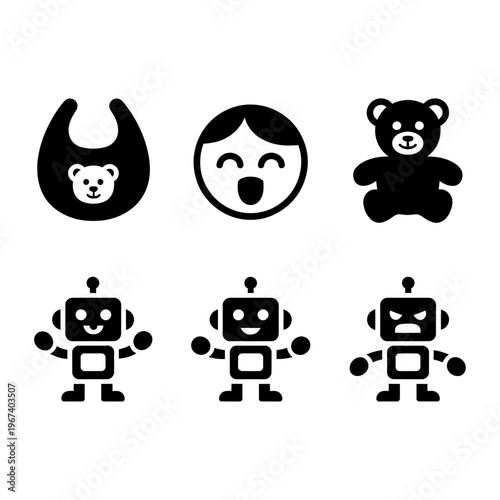 Collection of vector icons including a teddy bear face, smiling human face, cuddly teddy bear, and three playful robot designs in