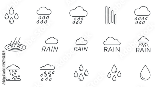 Minimalist Rain and Water Drop Line Icon Set - Cloud and Rainfall Vector Symbols