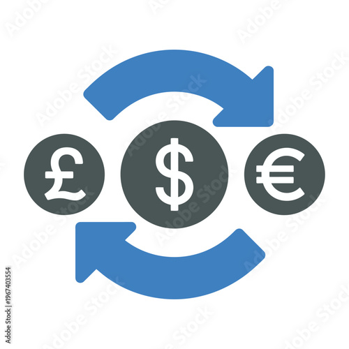 Digital vector depicting currency exchange with symbols for british pound, us dollar, and euro revolving around a central dollar sign