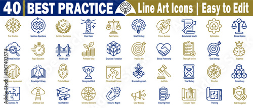 Best practice line art icons set. Easy to edit. The set includes icons such as seamless operations, informed decision, reliable link, and smart strategy, vector illustration.