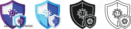 Set of virus protection shield icons designed in gradient solid and outline styles ideal for illustrating immunity and health security concepts