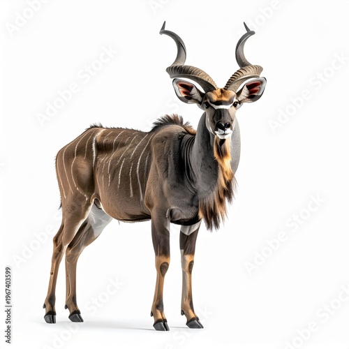 Full body studio portrait of a male greater kudu bull with large spiral horns and white stripes, standing isolated on a white background, displaying detailed textures and anatomy.