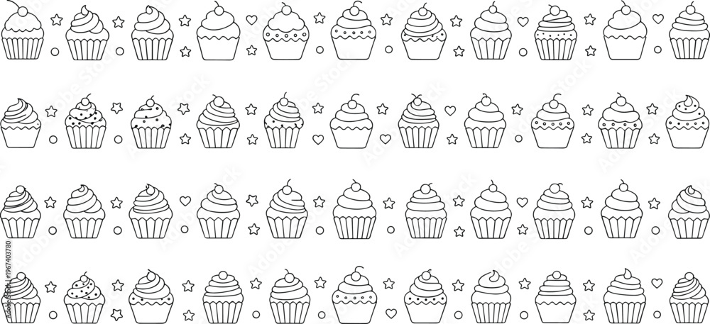 Obraz premium Cupcake Icon Set with Multiple Frosting Designs, Sprinkles, and Decorations in a Repeated Pattern for Bakery, Dessert, and Sweet Treat Illustrations