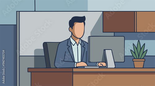 Minimalist vector illustration of a person working at an office desk with a computer