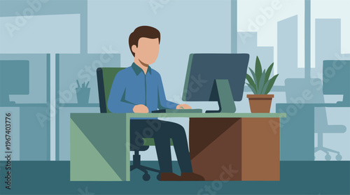 Professional working on desktop computer in modern office environment