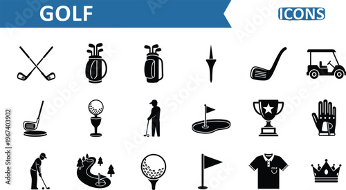 Golf Sports Icons Set Featuring Clubs, Bag, Putter, Tee, Flag, Trophy, Player, and Golf Course for Golfing and Competitions