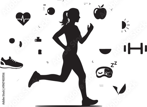 Woman running surrounded by fitness exercise sports