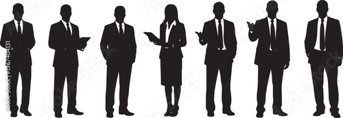 Mixed Pose Business People Spaced Silhouette Black Vector Set