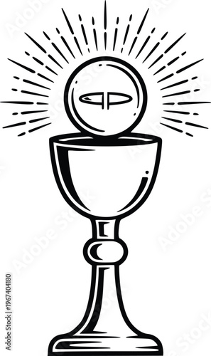 Eucharist Chalice with Sacred Host Rays Hand Drawn Minimal Line Art Vector