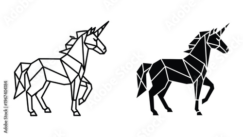 Geometric art depiction of mythical unicorns in contrasting styles
