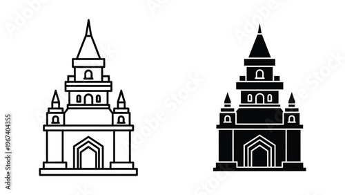 Contrasting architectural styles of a traditional temple depicted in line and solid black forms.