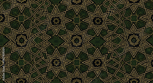 An elaborate geometric pattern presents interconnected gold lines forming ornate stars and circular motifs against a rich forest green and black textured background, creating a luxurious symmetrical.