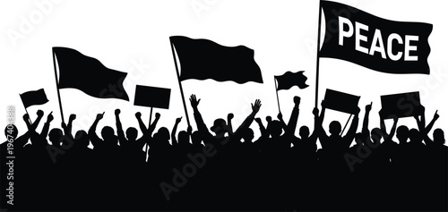 Silhouette of a crowd protesting with flags and signs for peace people demonstration