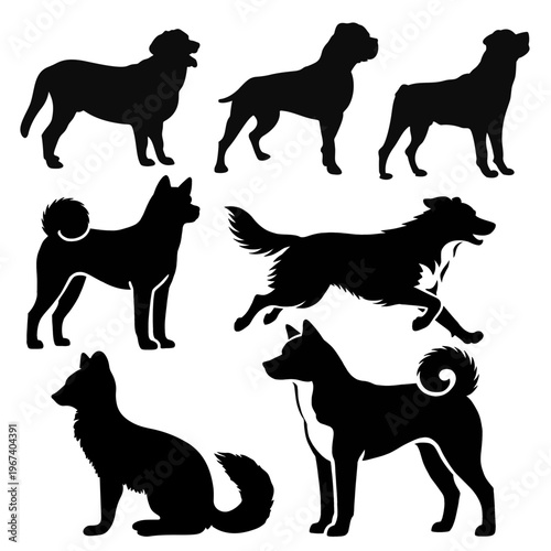 Collection of Dog Silhouettes and Canine Breeds Vector Illustrations Isolated on White