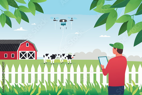 A modern farm scene featuring a drone monitoring livestock and fields