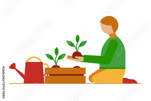 A person gardening planting seedlings with a watering can nearby