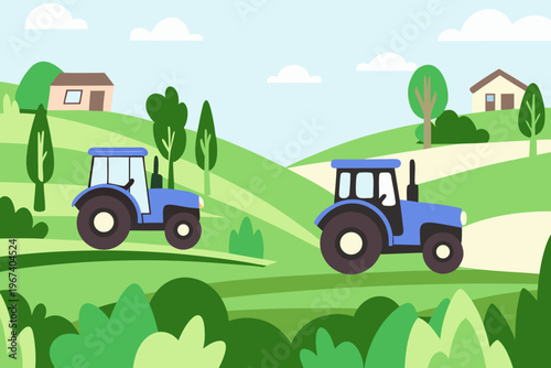Two blue tractors working on a vibrant green hillside farm landscape