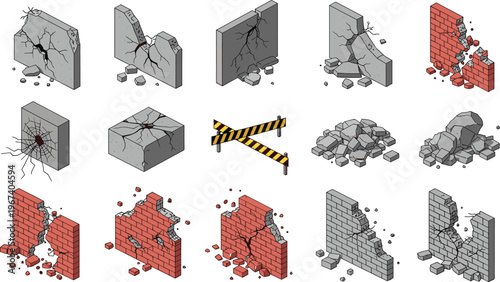 Broken wall illustration set, cracked concrete and brick damage, destruction elements, debris rubble pieces, construction damage icons, vector demolition effects collection