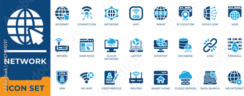 network Internet and connection vector icon set. Cloud computing, wifi router, firewall, VPN, database and web hosting symbols.