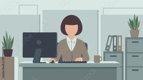 Office worker at computer desk, minimalist flat illustration