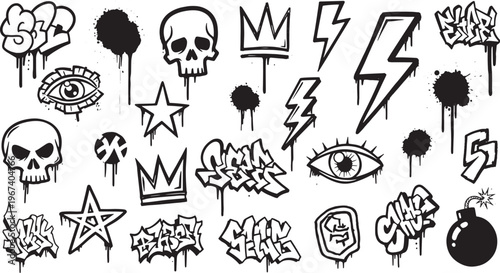 Black and White Hand-Drawn Graffiti Icons and Tags Collection