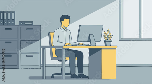 Professional working at desk with computer in modern office illustration