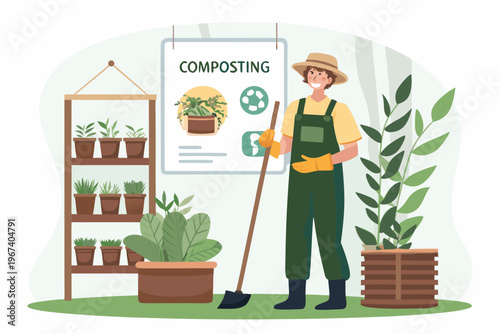A gardener explains composting near plants and a wooden shelving unit