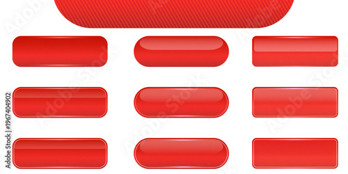 Set of glossy red buttons with diagonal texture. 3D realistic buttons web elements with vibrant reflections. Square and rounded horizontal buttons icons isolated on white for interface and game design