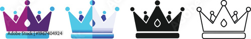 Collection of elegant crown icons presented in vibrant gradient classic solid and minimalist outline vector styles suitable for luxury branding app design or achievement badges