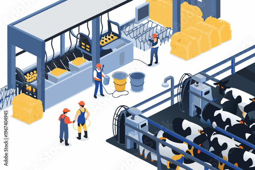 Isometric illustration of a modern dairy farm with workers and cows