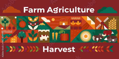 Colorful illustration depicting farm agriculture and a bountiful harvest scene