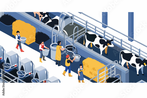 Isometric illustration of a modern dairy farm with workers and cows