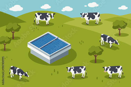 Cows grazing in a green field with a solar panel installation