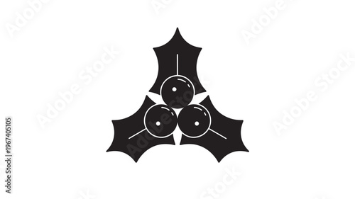 Holly branch icon with three black berries and sharp green leaves, representing winter holidays featuring symbol, christmas, holiday with seasonal