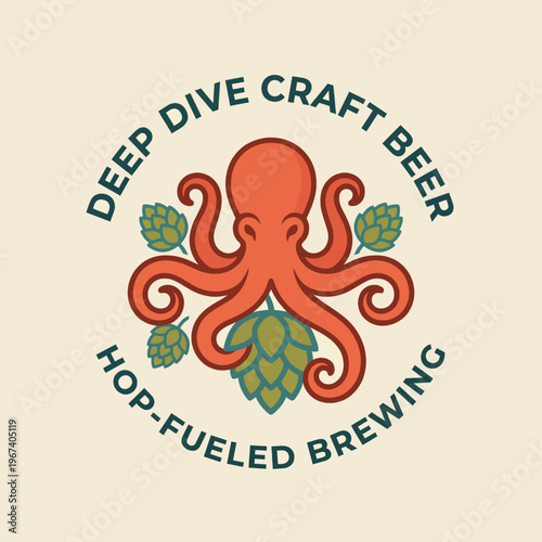 An eye-catching logo of Deep Dive Craft Beer showcasing an octopus entwined with hop flowers, representing the essence of innovative brewing and freshness in craft beers.