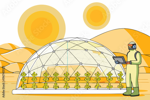 Futuristic farming on a desert planet with a scientist monitoring crops