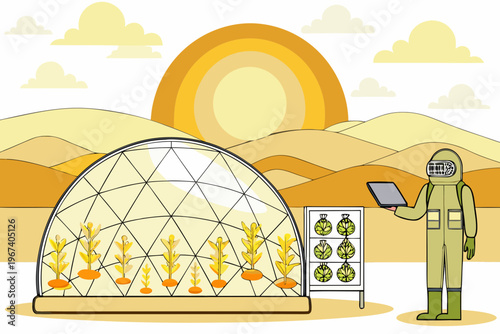 Futuristic farming scene with greenhouse scientist and desert landscape
