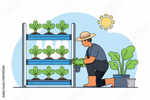A gardener tending to a vertical hydroponic garden with vibrant green plants