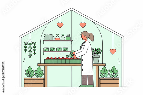 A woman tending to seedlings in a bright colorful greenhouse interior