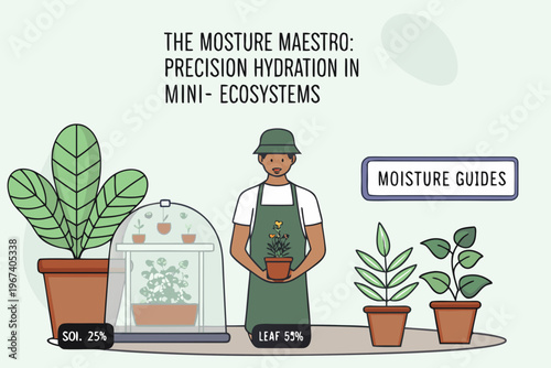 A gardener tending to potted plants within a mini ecosystem setup