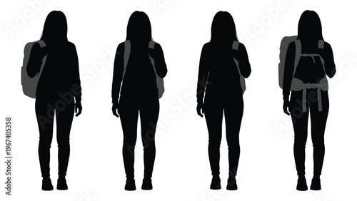 Silhouettes of four young women walking each carrying a backpack or shoulder bag