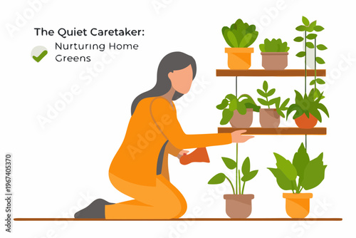 Woman tending to potted plants on a shelving unit indoors