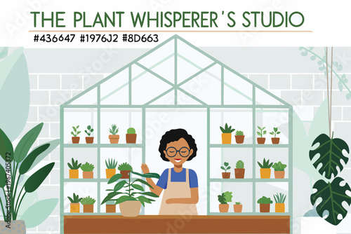 A woman tending to potted plants inside a bright modern greenhouse