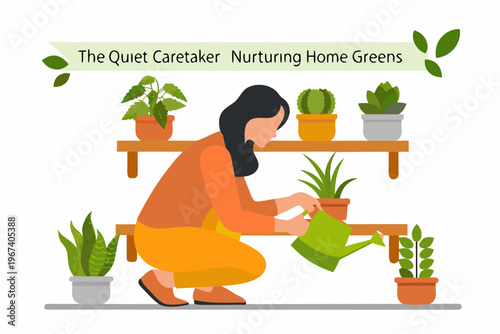 Woman watering plants on a shelf in a vibrant indoor garden