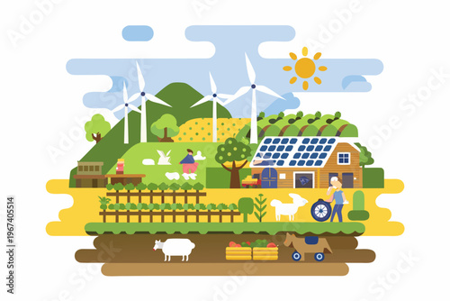 Sustainable farm landscape featuring renewable energy sources and rural life