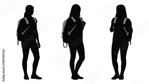 Three silhouettes of young women walking with backpacks against a white background