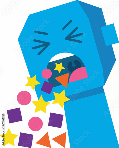 A vibrant blue character is expressing outrage with colorful shapes bursting out, symbolizing emotional release and creativity in a playful artistic depiction.