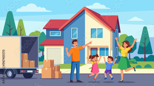 A cheerful illustration of a family joyfully moving into their new house, with children celebrating and a truck loaded with boxes, symbolizing new beginnings and happiness.